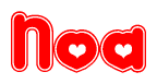 The image is a red and white graphic with the word Noa written in a decorative script. Each letter in  is contained within its own outlined bubble-like shape. Inside each letter, there is a white heart symbol.