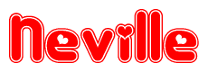 The image is a red and white graphic with the word Neville written in a decorative script. Each letter in  is contained within its own outlined bubble-like shape. Inside each letter, there is a white heart symbol.