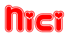 The image is a red and white graphic with the word Nici written in a decorative script. Each letter in  is contained within its own outlined bubble-like shape. Inside each letter, there is a white heart symbol.