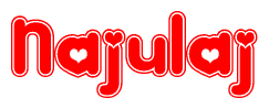   The image is a red and white graphic with the word Najulaj written in a decorative script. Each letter in  is contained within its own outlined bubble-like shape. Inside each letter, there is a white heart symbol. 