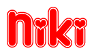 The image is a red and white graphic with the word Niki written in a decorative script. Each letter in  is contained within its own outlined bubble-like shape. Inside each letter, there is a white heart symbol.