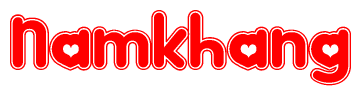 The image is a red and white graphic with the word Namkhang written in a decorative script. Each letter in  is contained within its own outlined bubble-like shape. Inside each letter, there is a white heart symbol.