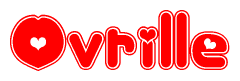 The image is a red and white graphic with the word Ovrille written in a decorative script. Each letter in  is contained within its own outlined bubble-like shape. Inside each letter, there is a white heart symbol.