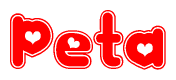 The image is a red and white graphic with the word Peta written in a decorative script. Each letter in  is contained within its own outlined bubble-like shape. Inside each letter, there is a white heart symbol.