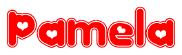 The image is a red and white graphic with the word Pamela written in a decorative script. Each letter in  is contained within its own outlined bubble-like shape. Inside each letter, there is a white heart symbol.