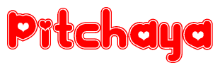 The image is a clipart featuring the word Pitchaya written in a stylized font with a heart shape replacing inserted into the center of each letter. The color scheme of the text and hearts is red with a light outline.