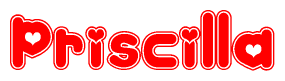 The image is a clipart featuring the word Priscilla written in a stylized font with a heart shape replacing inserted into the center of each letter. The color scheme of the text and hearts is red with a light outline.