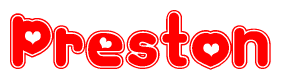The image is a clipart featuring the word Preston written in a stylized font with a heart shape replacing inserted into the center of each letter. The color scheme of the text and hearts is red with a light outline.