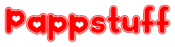 The image is a red and white graphic with the word Pappstuff written in a decorative script. Each letter in  is contained within its own outlined bubble-like shape. Inside each letter, there is a white heart symbol.