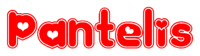 The image is a clipart featuring the word Pantelis written in a stylized font with a heart shape replacing inserted into the center of each letter. The color scheme of the text and hearts is red with a light outline.