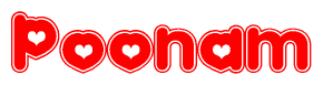 The image is a clipart featuring the word Poonam written in a stylized font with a heart shape replacing inserted into the center of each letter. The color scheme of the text and hearts is red with a light outline.
