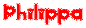 The image is a red and white graphic with the word Philippa written in a decorative script. Each letter in  is contained within its own outlined bubble-like shape. Inside each letter, there is a white heart symbol.