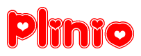 The image is a red and white graphic with the word Plinio written in a decorative script. Each letter in  is contained within its own outlined bubble-like shape. Inside each letter, there is a white heart symbol.