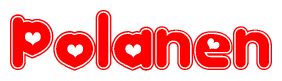 The image is a clipart featuring the word Polanen written in a stylized font with a heart shape replacing inserted into the center of each letter. The color scheme of the text and hearts is red with a light outline.