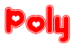 The image is a red and white graphic with the word Poly written in a decorative script. Each letter in  is contained within its own outlined bubble-like shape. Inside each letter, there is a white heart symbol.