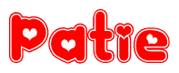 The image displays the word Patie written in a stylized red font with hearts inside the letters.