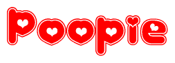 The image is a red and white graphic with the word Poopie written in a decorative script. Each letter in  is contained within its own outlined bubble-like shape. Inside each letter, there is a white heart symbol.