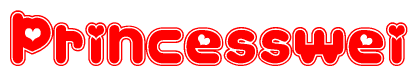 The image is a red and white graphic with the word Princesswei written in a decorative script. Each letter in  is contained within its own outlined bubble-like shape. Inside each letter, there is a white heart symbol.