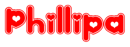 The image is a red and white graphic with the word Phillipa written in a decorative script. Each letter in  is contained within its own outlined bubble-like shape. Inside each letter, there is a white heart symbol.