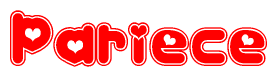 The image is a clipart featuring the word Pariece written in a stylized font with a heart shape replacing inserted into the center of each letter. The color scheme of the text and hearts is red with a light outline.