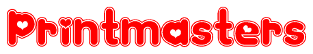 The image is a red and white graphic with the word Printmasters written in a decorative script. Each letter in  is contained within its own outlined bubble-like shape. Inside each letter, there is a white heart symbol.