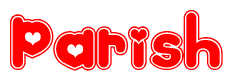 The image is a clipart featuring the word Parish written in a stylized font with a heart shape replacing inserted into the center of each letter. The color scheme of the text and hearts is red with a light outline.