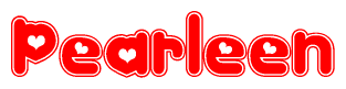 The image is a red and white graphic with the word Pearleen written in a decorative script. Each letter in  is contained within its own outlined bubble-like shape. Inside each letter, there is a white heart symbol.