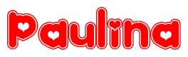 The image is a red and white graphic with the word Paulina written in a decorative script. Each letter in  is contained within its own outlined bubble-like shape. Inside each letter, there is a white heart symbol.