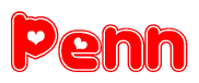 The image displays the word Penn written in a stylized red font with hearts inside the letters.
