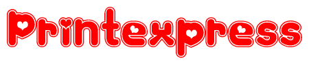 The image is a clipart featuring the word Printexpress written in a stylized font with a heart shape replacing inserted into the center of each letter. The color scheme of the text and hearts is red with a light outline.