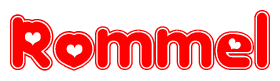 The image is a clipart featuring the word Rommel written in a stylized font with a heart shape replacing inserted into the center of each letter. The color scheme of the text and hearts is red with a light outline.