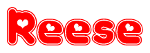 The image is a red and white graphic with the word Reese written in a decorative script. Each letter in  is contained within its own outlined bubble-like shape. Inside each letter, there is a white heart symbol.