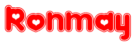 The image is a clipart featuring the word Ronmay written in a stylized font with a heart shape replacing inserted into the center of each letter. The color scheme of the text and hearts is red with a light outline.