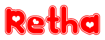 The image is a red and white graphic with the word Retha written in a decorative script. Each letter in  is contained within its own outlined bubble-like shape. Inside each letter, there is a white heart symbol.