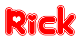 The image is a clipart featuring the word Rick written in a stylized font with a heart shape replacing inserted into the center of each letter. The color scheme of the text and hearts is red with a light outline.
