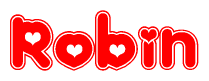 The image is a clipart featuring the word Robin written in a stylized font with a heart shape replacing inserted into the center of each letter. The color scheme of the text and hearts is red with a light outline.