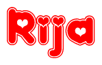 The image is a clipart featuring the word Rija written in a stylized font with a heart shape replacing inserted into the center of each letter. The color scheme of the text and hearts is red with a light outline.