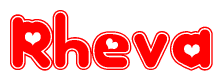 The image is a red and white graphic with the word Rheva written in a decorative script. Each letter in  is contained within its own outlined bubble-like shape. Inside each letter, there is a white heart symbol.