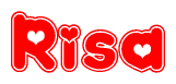 The image is a red and white graphic with the word Risa written in a decorative script. Each letter in  is contained within its own outlined bubble-like shape. Inside each letter, there is a white heart symbol.
