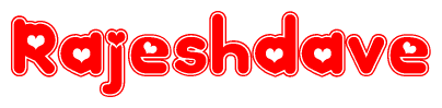 The image is a red and white graphic with the word Rajeshdave written in a decorative script. Each letter in  is contained within its own outlined bubble-like shape. Inside each letter, there is a white heart symbol.