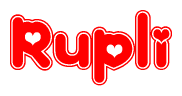 The image is a red and white graphic with the word Rupli written in a decorative script. Each letter in  is contained within its own outlined bubble-like shape. Inside each letter, there is a white heart symbol.