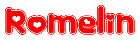 The image is a clipart featuring the word Romelin written in a stylized font with a heart shape replacing inserted into the center of each letter. The color scheme of the text and hearts is red with a light outline.