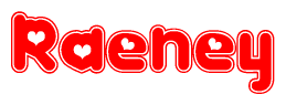 The image is a red and white graphic with the word Raeney written in a decorative script. Each letter in  is contained within its own outlined bubble-like shape. Inside each letter, there is a white heart symbol.