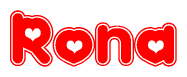 The image is a clipart featuring the word Rona written in a stylized font with a heart shape replacing inserted into the center of each letter. The color scheme of the text and hearts is red with a light outline.