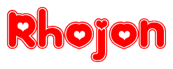 The image displays the word Rhojon written in a stylized red font with hearts inside the letters.