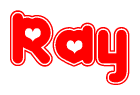 The image is a clipart featuring the word Ray written in a stylized font with a heart shape replacing inserted into the center of each letter. The color scheme of the text and hearts is red with a light outline.