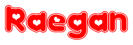 The image is a red and white graphic with the word Raegan written in a decorative script. Each letter in  is contained within its own outlined bubble-like shape. Inside each letter, there is a white heart symbol.