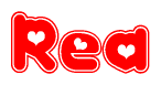 The image is a red and white graphic with the word Rea written in a decorative script. Each letter in  is contained within its own outlined bubble-like shape. Inside each letter, there is a white heart symbol.
