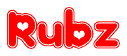 The image is a clipart featuring the word Rubz written in a stylized font with a heart shape replacing inserted into the center of each letter. The color scheme of the text and hearts is red with a light outline.