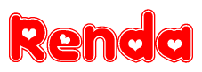 The image is a red and white graphic with the word Renda written in a decorative script. Each letter in  is contained within its own outlined bubble-like shape. Inside each letter, there is a white heart symbol.